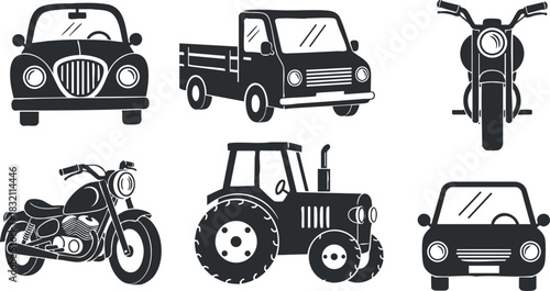 A collection of vintage and modern vehicles including cars, trucks, motorcycles, and tractors in black and white vector style, perfect for transportation design projects