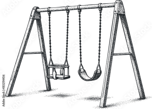 A playground swing set with two swings in detailed black and white sketch style, ideal for children's activity designs