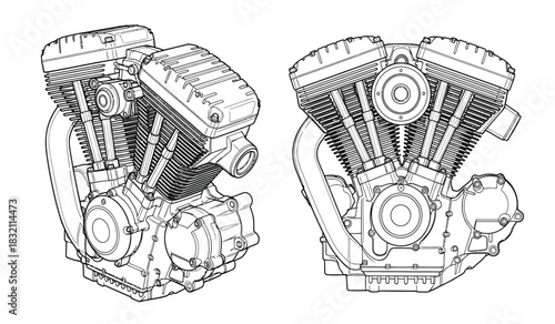 Detailed motorcycle engine blueprint style illustration featuring intricate mechanical design and engineering details for automotive enthusiasts and technical drawings silhouette