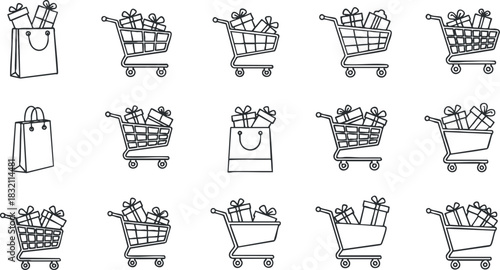 A collection of shopping carts and gift bags with presents in outline vector style, perfect for retail and ecommerce themes