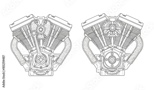 Detailed v twin engine silhouette illustration a black and white outline depicting mechanical precision and engineering design for automotive enthusiasts and technical drawings silhouette