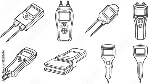 A collection of various temperature measuring instruments including digital thermometers and probes in outline vector style, suitable for kitchen and laboratory use