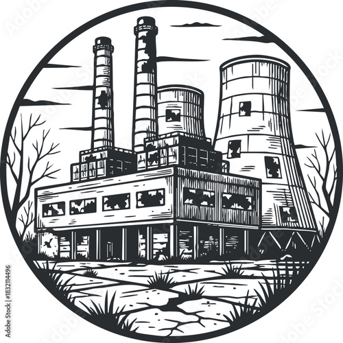 An abandoned industrial factory with smokestacks and cooling towers in black and white outline vector style, ideal for environmental awareness projects