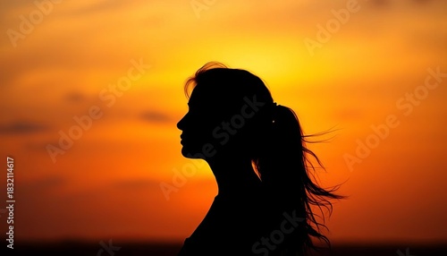 Silhouette of a female figure against a sunset backdrop, silhouette, back