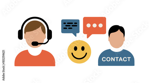 Customer Support Friendly Icon, Service Agent Modern Illustration, Chat Bubble Clean Communication, Contact Person Simple Concept, Smile Emoji Positive Interaction, Help Desk Flat Design Symbol