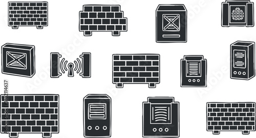 A collection of heating and ventilation icons in black outline minimalist vector style, suitable for architectural and interior design projects