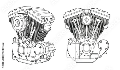 Detailed motorcycle engine illustration two views showing intricate components and design features in a clean technical silhouette style silhouette