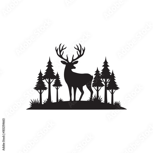 Silhouetted deer stands gracefully amidst a serene forest of coniferous trees on a white background