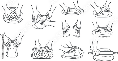 A series of illustrations showing the steps of kneading dough in minimalist black and white vector style, perfect for cooking tutorials and recipe guides