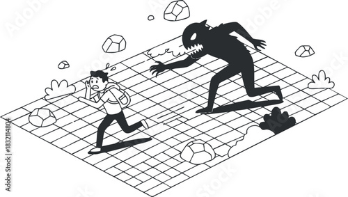 A cartoon character running in fear from a large monster in a black and white vector style, suitable for playful illustrations and storytelling