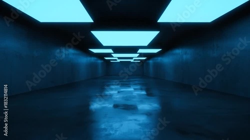 Cyan lights illuminate concrete hall, reflecting off floor