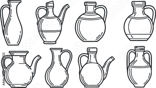 A collection of various jugs and pitchers in black and white outline vector style, suitable for home decor and kitchen design