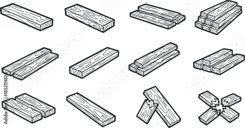A collection of various wooden planks and logs in clean outline vector style, perfect for construction and woodworking projects