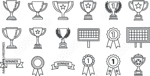 A collection of trophy and award icons in black and white outline vector style, perfect for sports and achievement design