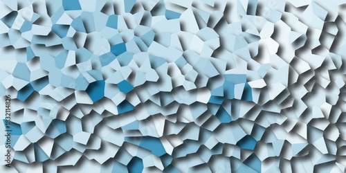 Abstract fragmented mosaic pattern with sharp-edged polygons in varying shades of light and dark blue and white, casting subtle shadows for a3D crystalline background effect