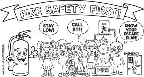 A fun black and white vector illustration promoting fire safety featuring children, an extinguisher, and key safety messages, ideal for educational materials