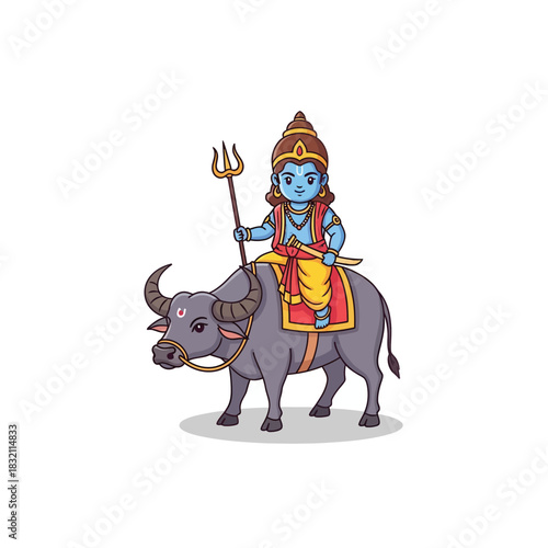 Adorable Yama riding buffalo, Hindu god illustration for festive designs and captivating cultural projects