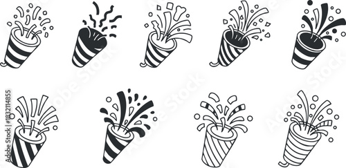 A set of festive party poppers with confetti and sparkles in black and white vector style, perfect for event invitations