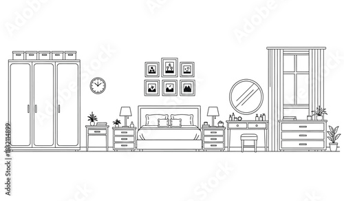 Bedroom interior design sketch with bed wardrobe and vanity minimalist black and white line art illustration of furniture arrangement in silhouette