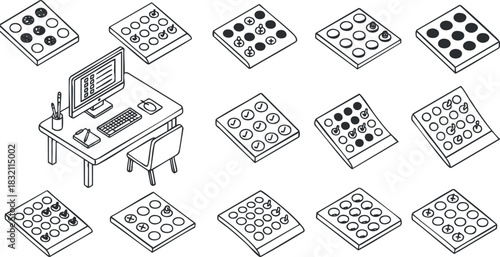 A workspace illustration featuring a desk with a computer and various icon patterns in flat black and white vector style, ideal for design projects and digital applications