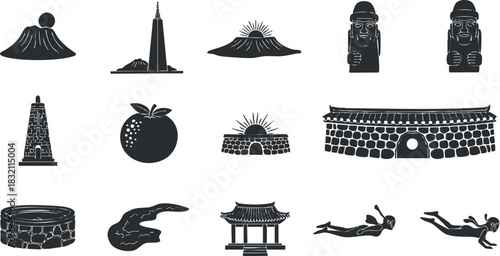 A collection of cultural and natural landmarks including mountains, temples, and statues in black and white vector style, ideal for travel and tourism designs