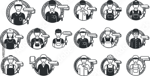 A set of construction worker icons holding paint rollers and brushes in black and white outline vector style, suitable for renovation and improvement projects