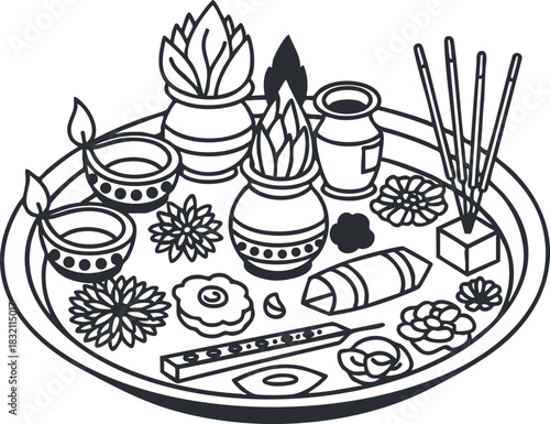A collection of traditional puja offerings including lamps, flowers, and incense in black and white vector style, suitable for cultural and spiritual projects