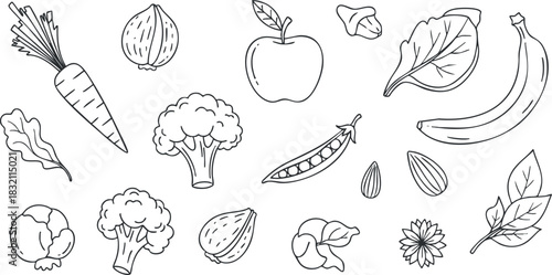 A collection of various vegetables and fruits in simple black and white outline vector style, ideal for healthy food illustrations