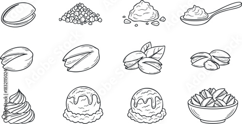 A collection of dessert and sweet treats including macarons, pistachios, and ice cream in black and white outline vector style, suitable for culinary design projects