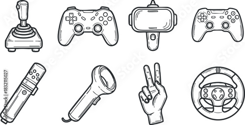 A collection of gaming controllers and accessories in black and white outline vector style, ideal for gaming-related projects