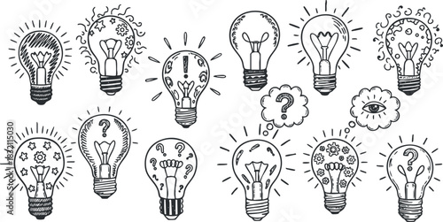 A collection of hand-drawn lightbulbs with various designs and ideas in black and white sketch style, ideal for creative projects and brainstorming themes