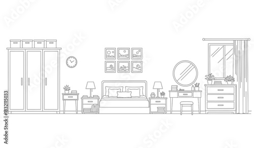 Bedroom interior design sketch with wardrobe bed and dressing table in a minimalist style featuring a clean and simple silhouette silhouette