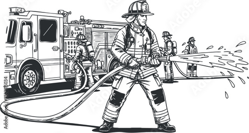 A firefighter spraying water from a hose in front of a fire truck in black and white vector style, suitable for emergency service illustrations