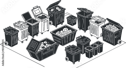 A collection of various trash bins, recycling containers, and waste disposal units in black and white outline vector style, ideal for environmental awareness themes