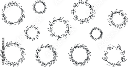 A collection of decorative leaf wreaths in outline style, perfect for floral designs and invitations