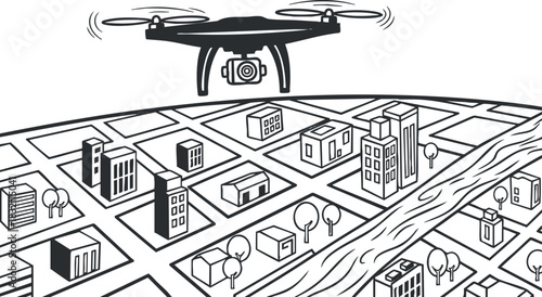 A drone flying over a city map featuring buildings, trees, and a river in black and white outline vector style, suitable for technology and urban planning projects