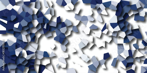 Abstract geometric background with scattered polygonal shapes in shades of blue and white, casting soft shadows on a clean white surface for modern design and creative concepts