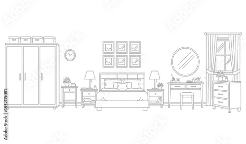 Bedroom interior design sketch with furniture bed wardrobe dressing table and decor elements in black and white line art style silhouette