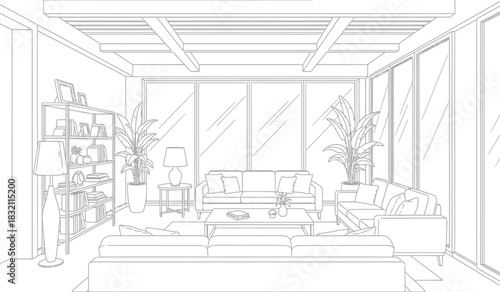 Living room interior design sketch with bookshelf sofa and plants featuring a clean silhouette style for architectural visualization and creative projects silhouette