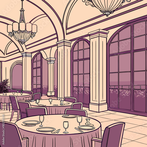 Elegant dining room interior with round tables set for a formal meal under chandeliers