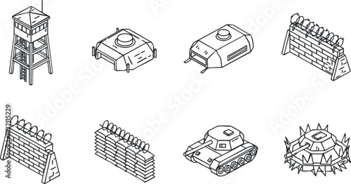 A set of military icons including a watchtower, tanks, and fortifications in black and white outline vector style, suitable for defense-themed projects