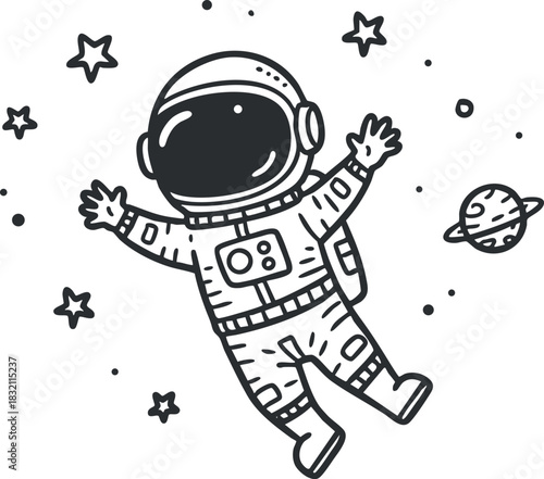 An astronaut floating in space surrounded by stars and a planet in a playful black and white vector style, perfect for children's educational materials