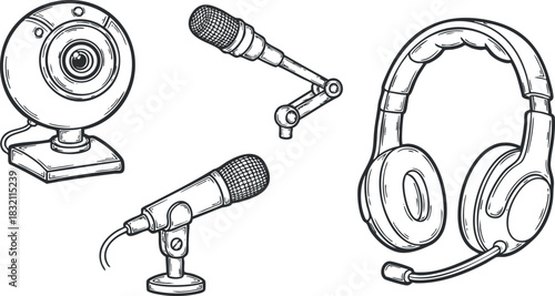 A collection of audio and video equipment including a webcam, microphones, and a headset in detailed outline vector style, perfect for technology and communication projects.