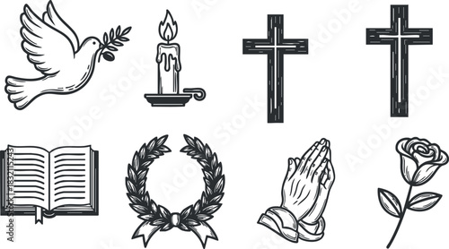 A collection of religious symbols including a dove, candle, crosses, open book, laurel wreath, praying hands, and rose in black and white outline vector style, suitable for spiritual design projects