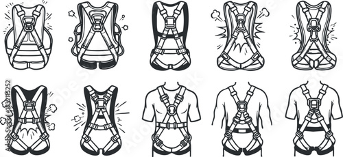 A collection of various safety harness designs in black and white outline vector style, suitable for outdoor and adventure applications