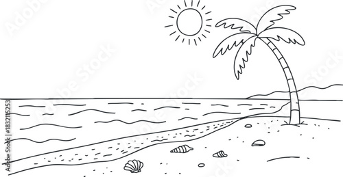 A minimalist line drawing of a beach scene with a palm tree, sun, and seashells in a simplistic vector style, ideal for summer-themed designs