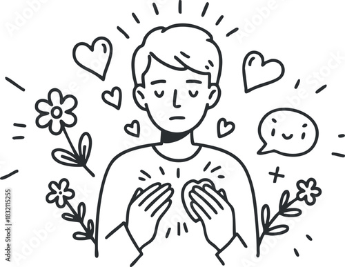 A man with closed eyes and hands over his heart surrounded by flowers and hearts in minimalist line art style, ideal for wellness and emotional support themes