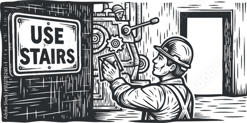 A vintage-style illustration of a worker reading a 'Use Stairs' sign next to machinery in a black and white detailed vector style, suitable for safety signage and industrial contexts
