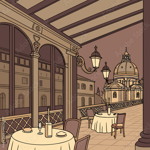 Elegant european cafe terrace with tables and chairs overlooks a historic cityscape with a dome at dusk