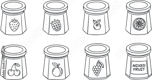 A collection of eight fruit jam jars featuring various fruit designs in clean line art style, suitable for food packaging and branding